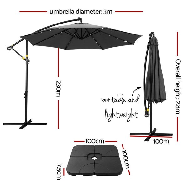 Instahut Outdoor Umbrella 3M Cantilever Beach LED Base Garden Sun Patio Charcoal For Sale