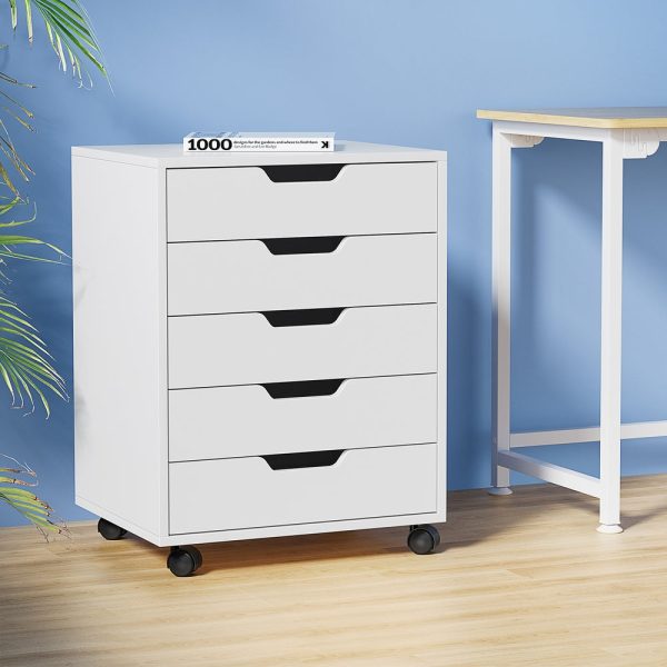 Artiss 5-Drawer Filing Cabinet | Mobile Rolling Storage Cabinet | Chest of Drawers | Stand | White For Sale