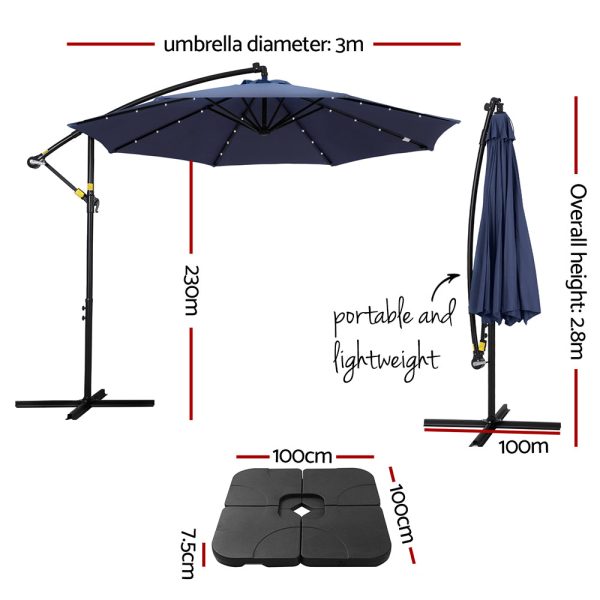 Instahut Outdoor Umbrella 3M Cantilever Beach LED w Base Garden Shade Patio Navy Hot on Sale