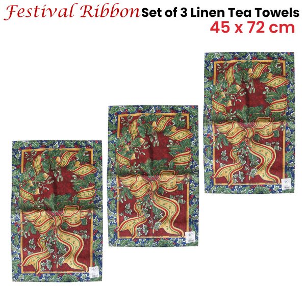 Set of 3 Festival Ribbon Linen Tea Towels | 45 x 72 cm Fashion