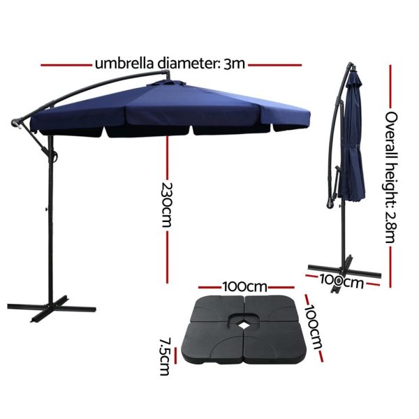 Instahut 3m Outdoor Umbrella w Base Cantilever Garden Beach Patio Navy Sale