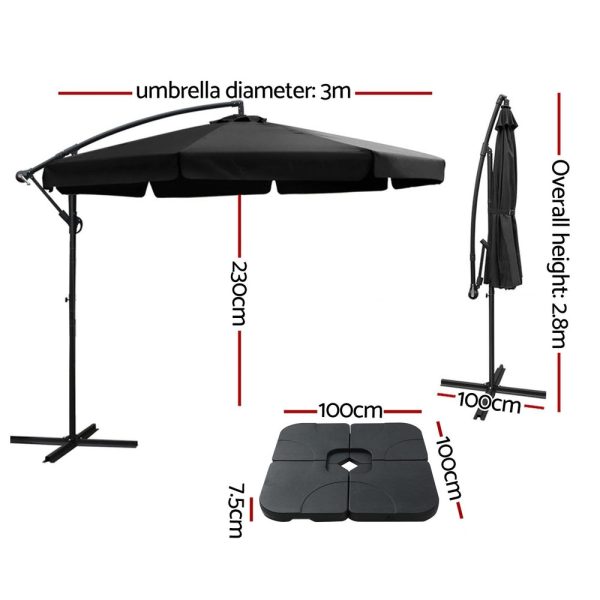 Instahut 3m Outdoor Umbrella w Base Cantilever Garden Beach Patio Black Online now