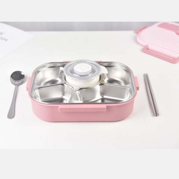 Kylin 304 Stainless Steel 5 Divided Smile Small Lunch Box With Soup Pot - Pink | Small Smile Lunch Box Cheap