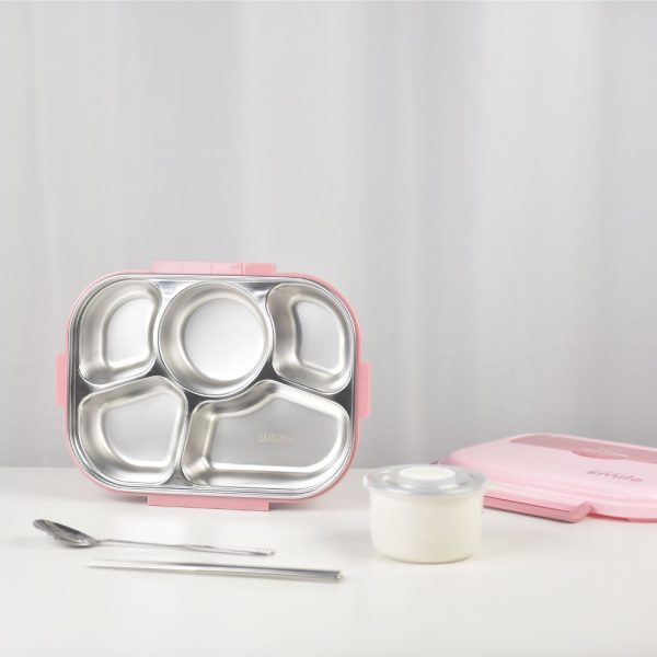 Kylin 304 Stainless Steel 5 Divided Smile Small Lunch Box With Soup Pot - Pink | Small Smile Lunch Box Cheap