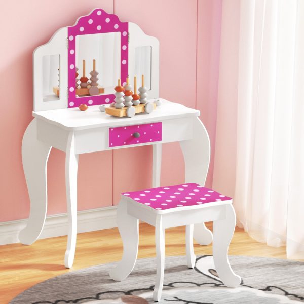 Keezi Kids Dressing Table Vanity Makeup Chair Set Wooden 3 Mirror Drawer Pink Online Hot Sale