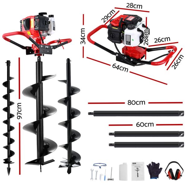 Giantz 65CC Post Hole Digger Petrol Motor Drill Extension Auger Bits Kits For Sale