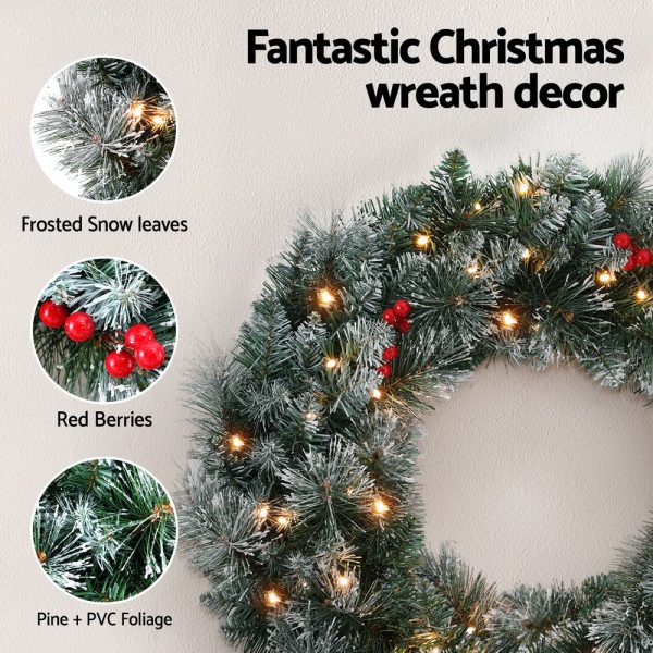 Jingle Jollys 60cm Christmas Wreath LED Lights Snowy Berries Garland Party Decor For Discount