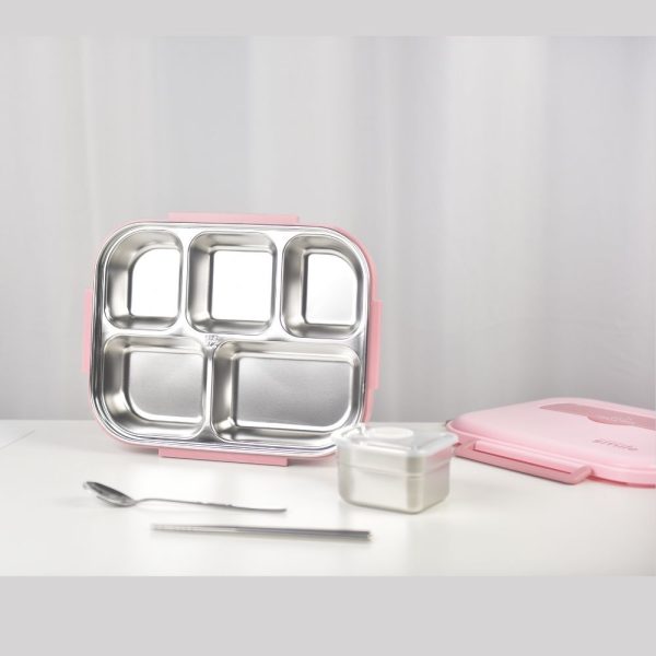 Kylin 304 Stainless Steel 5 Divided Smile Large Lunch Box With Soup Pot - Pink | Smile Lunch Box Supply