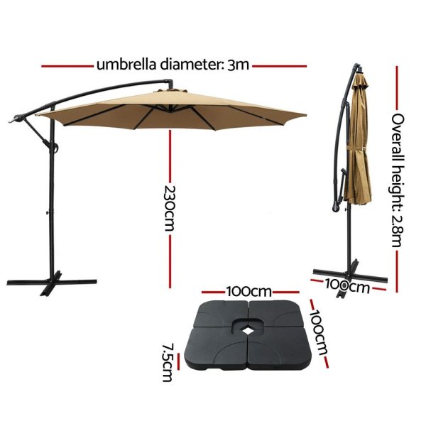 Instahut 3m Umbrella w Base Outdoor Cantilever Beach Garden Patio Parasol Beige For Discount