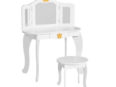 Keezi Kids Dressing Table Vanity Makeup Chair Set Wooden 3 Mirror Drawer White Sale