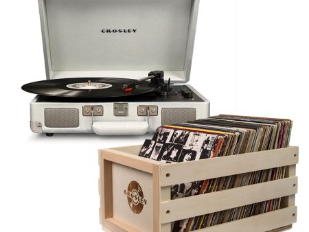 Crosley Cruiser Bluetooth Portable Turntable | White Sands | Bundled Crosley Record Storage Crate Supply