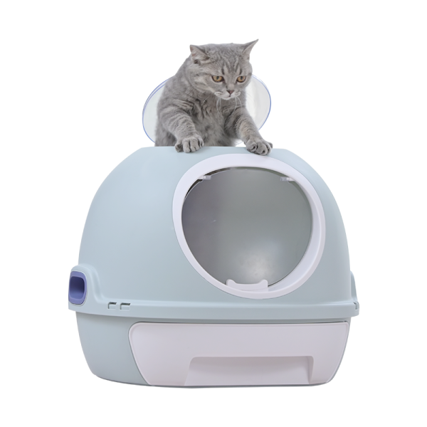 Hooded Cat Toilet Litter Box Tray House | With Drawer & Scoop, Blue Supply