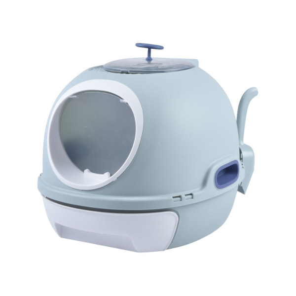 Hooded Cat Toilet Litter Box Tray House | With Drawer & Scoop, Blue Supply